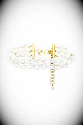 Lele Sadoughi triple row pearl choker necklace for V-neck wedding dress