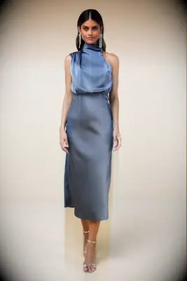 Lulus blue satin midi dress semi-formal wedding guest outfit