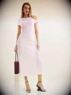 Reformation pink midi semi-formal wedding guest dress
