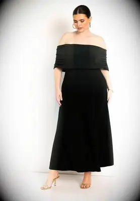 ELOQUII off-shoulder black semi-formal wedding guest dress