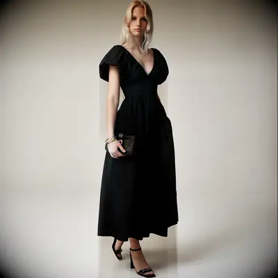 J. Crew puff-sleeve black midi semi-formal wedding guest dress