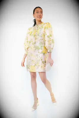 Short balloon sleeve floral print yellow dress