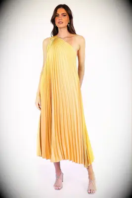 Pleated yellow one-shoulder trapeze midi dress