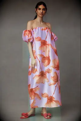 Off-the-shoulder puff sleeve pink and red floral maxi dress