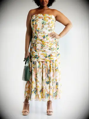 Strapless ruched floral print plus-size maxi dress