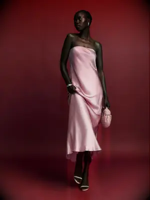 Strapless silk dress in bright pink