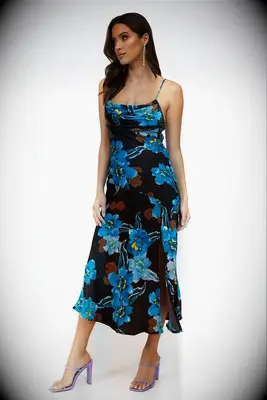 Slip dress with blue and brown floral print