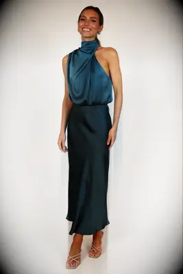 Asymmetrical neckline teal maxi dress