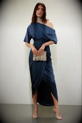 Navy off-the-shoulder high-low dress