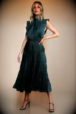 Emerald green sleeveless ruffle midi cocktail dress
