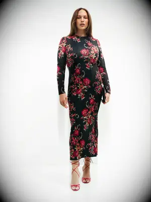 Long sleeve black dress with red floral print
