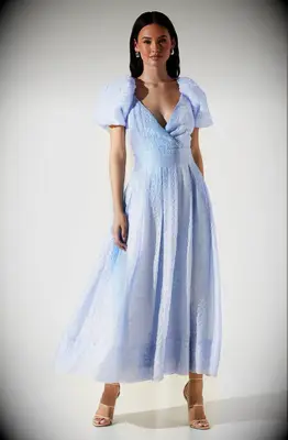 Short-sleeve V-neck jacquard floral midi dress in light blue