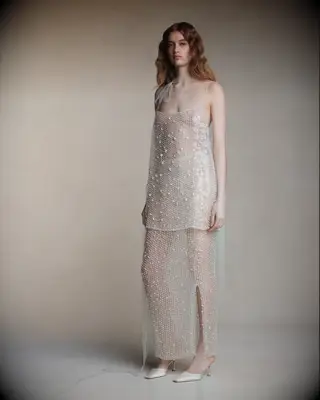 Pearl studded top and skirt set by Danielle Frankel. 