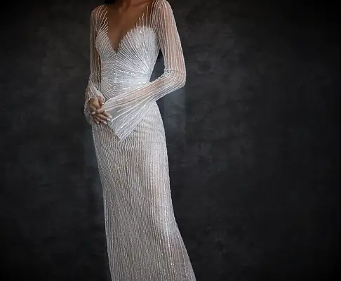 Beaded long-sleeved dress by Dana Harel. 