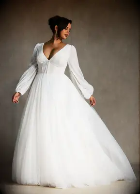Long puff sleeve wedding dress with deep-v neckline
