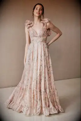 Mac Duggal peach floral bridesmaid dress