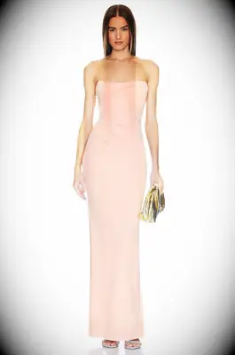Michael Costello x REVOLVE strapless peach bridesmaid dress