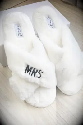 Lé Rose Stories personalized fuzzy bridal slippers