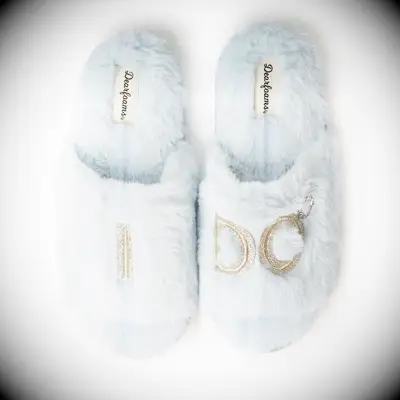 Dearfoams I Do blue fluffy bridal slippers