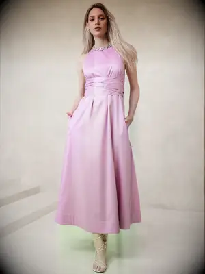 Banana Republic pink maxi dress for guest at Jewish wedding