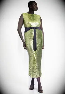 Eloquii sleeveless green sequin dress for guest at Jewish wedding