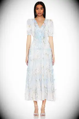 Yumi Kim blue floral dress for guest at Jewish wedding