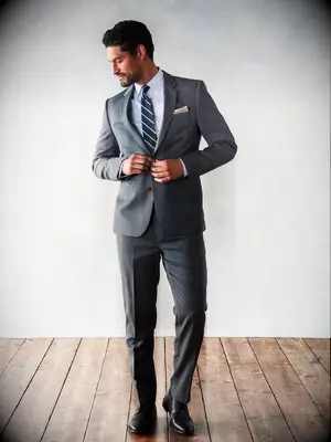 Two-button closure fitted suit for guest at Jewish wedding