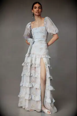 V. Chapman blue floral puff-sleeve Bridgerton-themed bridal shower dress