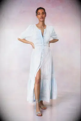 LoveShackFancy blue stripe maxi Bridgerton-themed bridal shower dress