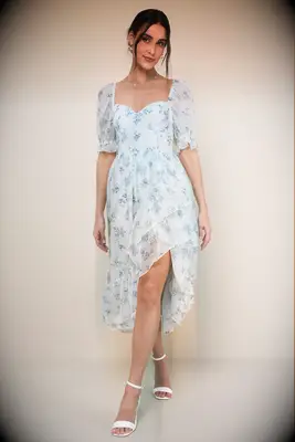Lulus blue floral Bridgerton-themed bridal shower dress