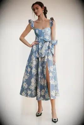V. Chapman blue floral midi Bridgerton-themed bridal shower dress