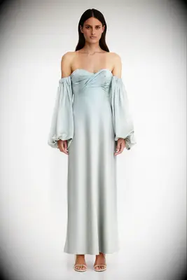 Significant Other off-shoulder Bridgerton-themed bridal shower dress