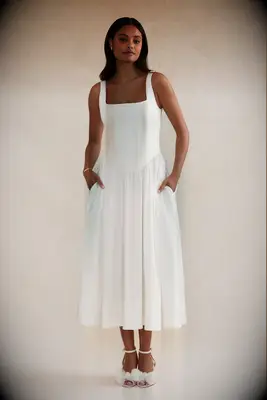 Birdy Grey white drop waist Bridgerton-themed bridal shower dress