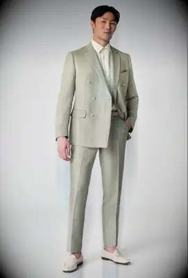 Sage Indochino suit for groom at beach wedding