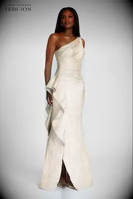 Rickie Freeman for Teri Jon one-shoulder jacquard second wedding dress