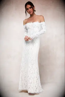 Lulus off-shoulder lace maxi wedding dress for second wedding