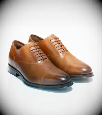 Brown cap toe oxford dress shoes for fall wedding guest attire