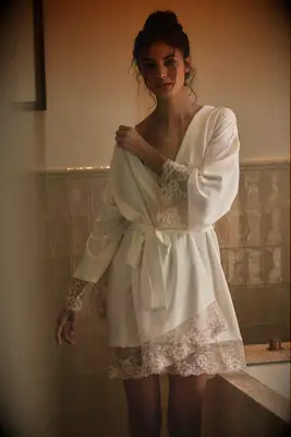 Silk robe with lace trim