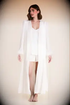 Sheer robe with feather trim