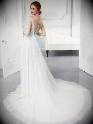 Illusion back and long sleeves with floral lace and A-line skirt