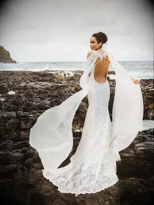 Floral lace mermaid dress with cross back straps and chiffon streamers