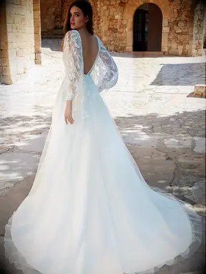 Floral and vine design lace illusion long sleeves with tulle A-line skirt