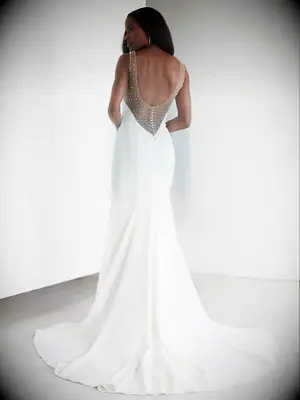 Illusion sleeves and low V back with beading and puddle train