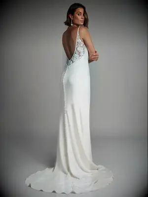 Floral lace illusion back and covered buttons on back of skirt