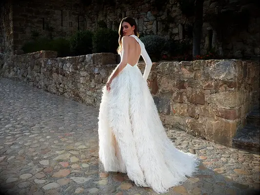 Full feather skirt and asymmetrical long sleeve