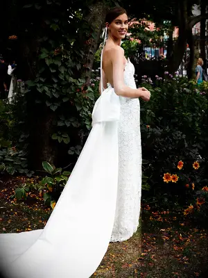 Strapless floral lace dress with oversized satin bow on back