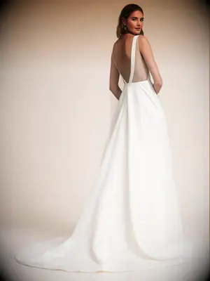 Deep V-neck back tafetta dress with pockets