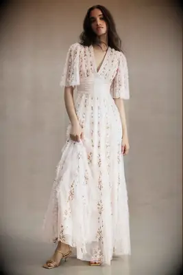 Mac Duggal floral ruffled blush pink wedding gown