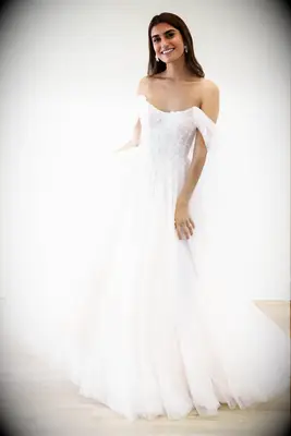 Wtoo by Watters off shoulder blush pink wedding gown