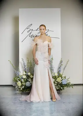 Badgley Mischka blush pink floral sleeve wedding dress